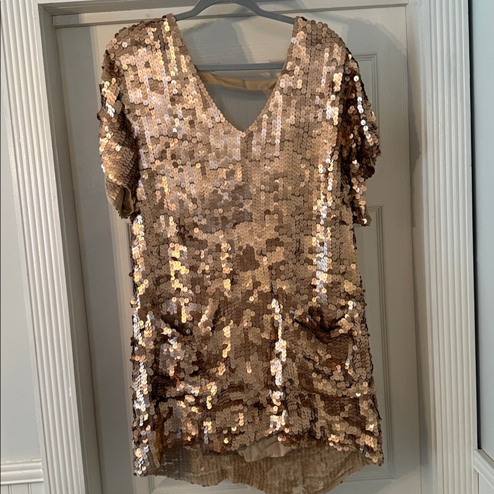 Free People Rose Gold Sequin shift dress with pockets and low back - Picture 2 of 5